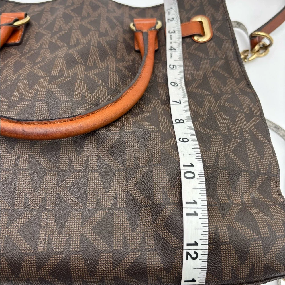Michael Kors Hamilton Large Brown MK Logo Tote Bag Gold Chain Leather Trim‎ Bag